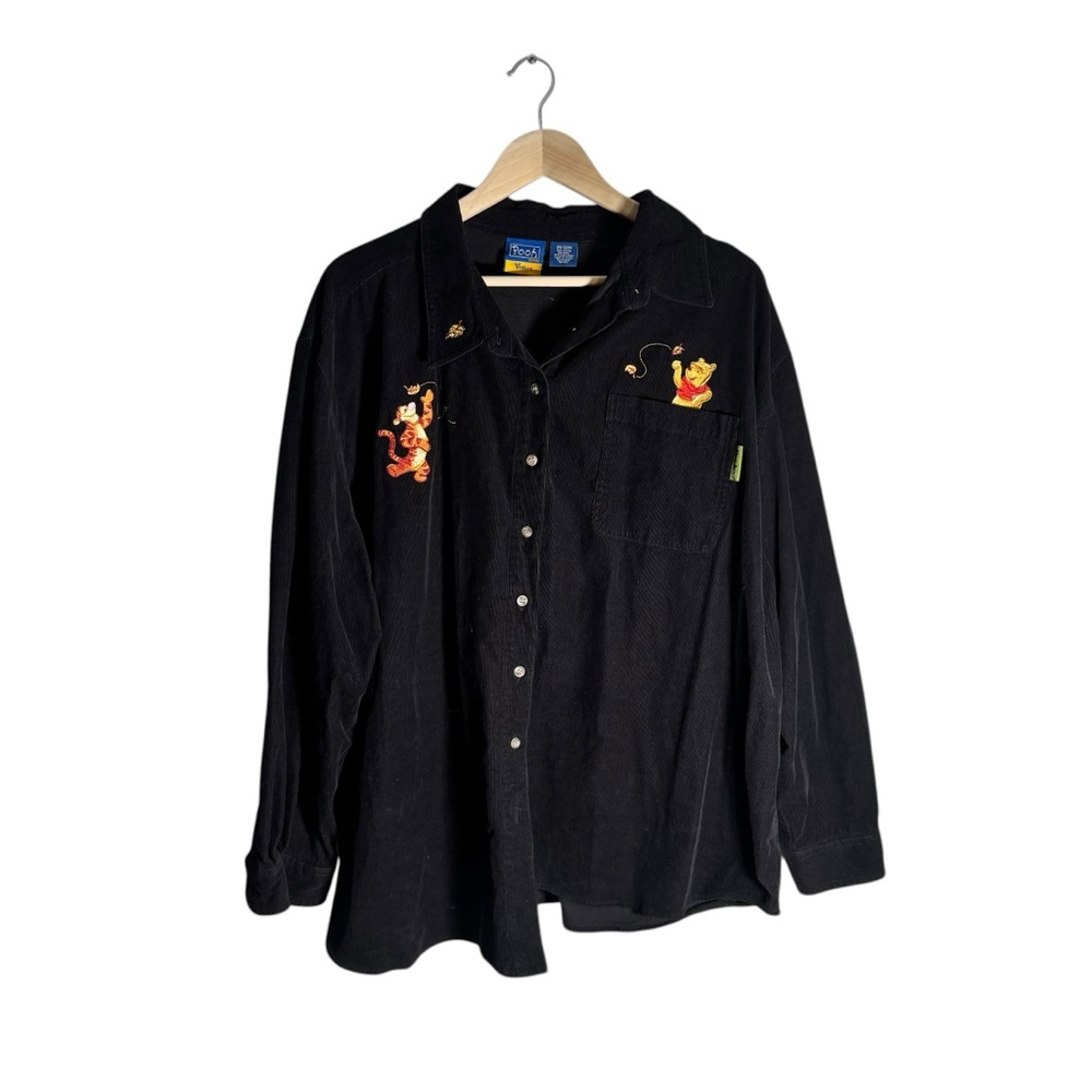 Vintage Disney Winnie the Pooh Corduroy Shirt Flannel Black Embroidered Size 26 - Picture 1 of 4
